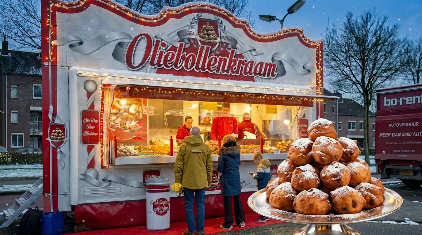 De feestelijk verlichte Oliebollenkraam met een grote schaal oliebollen tijdens een winteravond